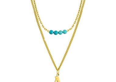 Διπλό Κολιέ Από Ανοξείδωτο Ατσάλι Επιχρυσωμένο Με Μονόγραμμα Και Τιρκουάζ AA11928 - AMOR AMOR - 