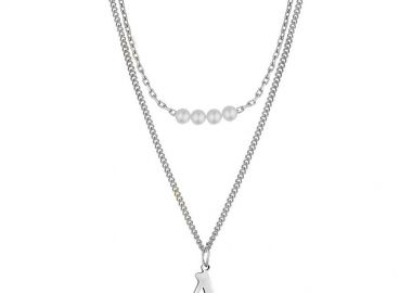 Διπλό Κολιέ Από Ανοξείδωτο Ατσάλι Με Μονόγραμμα Και Μαργαριτάρια AA11929 - AMOR AMOR - 