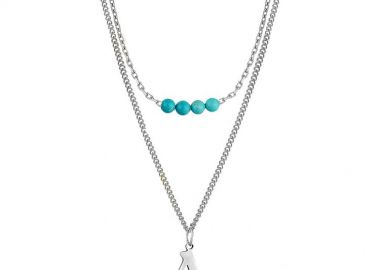 Διπλό Κολιέ Από Ανοξείδωτο Ατσάλι Με Μονόγραμμα Και Τιρκουάζ AA11927 - AMOR AMOR - 