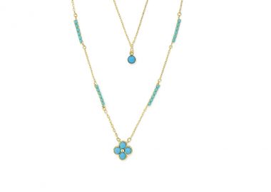 Διπλό κολιέ από ασήμι 925 με charms και τυρκουάζ πέτρες, επιχρυσωμένο -  - 