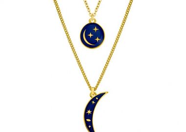 Διπλό Κολιέ Απο Ατσάλι Επιχρυσωμένο 24Κ Με Φεγγάρι Και Αστέρια Μπλε AA14770 - AMOR AMOR - 