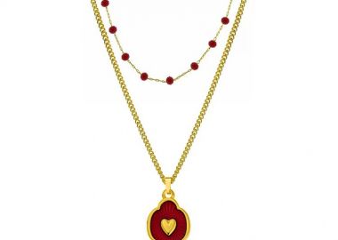 Διπλό Κολιέ Απο Ατσάλι Επιχρυσωμένο 24Κ Με Ροζάριο Και Καρδιά Κόκκινη AA14868 - AMOR AMOR - 