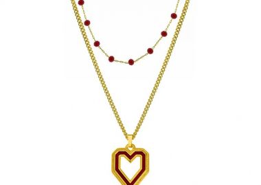 Διπλό Κολιέ Απο Ατσάλι Επιχρυσωμένο 24Κ Με Ροζάριο Και Καρδιά Κόκκινη AA14869 - AMOR AMOR - 