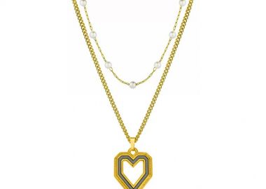 Διπλό Κολιέ Απο Ατσάλι Επιχρυσωμένο 24Κ Με Ροζάριο Μαργαριτάρια Και Καρδιά Πράσινη AA14882 - AMOR AMOR - 