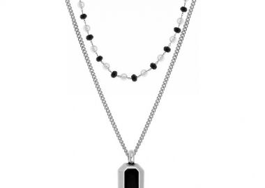 Διπλό Κολιέ Απο Ατσάλι Με Ροζάριο Και Πολύγωνο Μαύρο AA14873 - AMOR AMOR - 