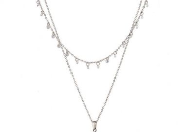 Διπλό Κολίε Από Ατσάλι Με Ζιργκόν Και Σταυρό Λευκό AS12745 - AMOR AMOR - 