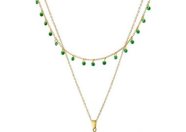 Διπλό Κολίε Από Ατσάλι Με Ζιργκόν Και Σταυρό Πράσινο AS12746 - AMOR AMOR - 