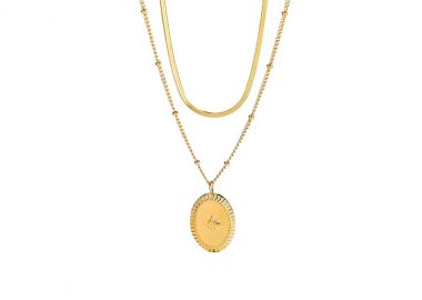 Διπλό κολιέ με αλυσίδες και οβάλ charm από ανοξείδωτο ατσάλι σε χρυσή απόχρωση -  - 