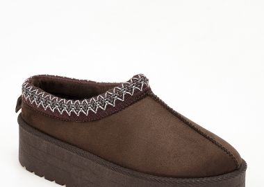 Δίσολες παντόφλες με γούνα και κέντημα - Καφέ - Issue - 