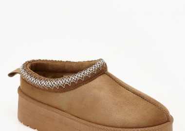 Δίσολες παντόφλες με γούνα και κέντημα - Κάμελ - Issue - 