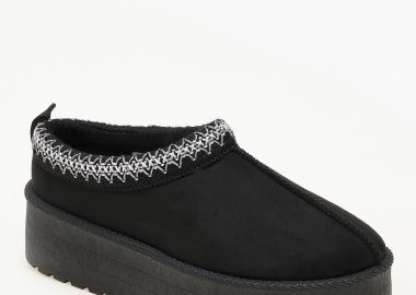 Δίσολες παντόφλες με γούνα και κέντημα - Μαύρο - Issue - 