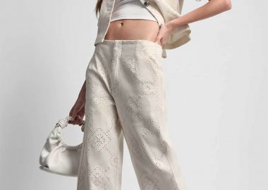 DKNY γυναικείο παντελόνι με διάτρητο σχέδιο Wide Leg - DJ6P3135 Εκρού - DKNY - 