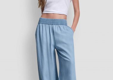 DKNY γυναικείο παντελόνι μονόχρωμο με ελαστική μέση Wide Leg - DJ4P3006 Denim Blue - DKNY - 