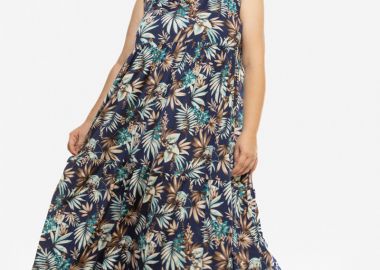 Εμπριμέ αμάνικο φόρεμα με βολάν σε μπλε χρώμα -  - 