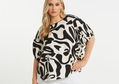 Εμπριμέ μπλούζα βισκόζη με κοντό μανίκι - MAT FASHION - 