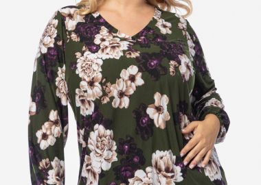 Εμπριμέ μπλούζα με κορδόνι στο τελείωμα σε λαδί χρώμα -  - 