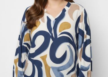 Εμπριμέ μπλούζα με V λαιμόκοψη σε λευκό, μπλε και μουσταρδί χρώμα -  - 