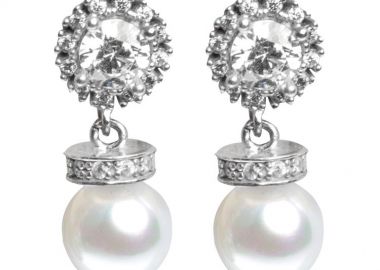 Εντυπωσιακά νυφικά σκουλαρίκια ροζέτες από ασήμι με λευκές πέτρες ζιργκόν και με πέρλες -  - 