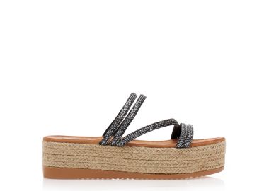 Εσπαντρίγιες flatforms μαύρες δερματίνη με λουράκια από στρας και σχέδιο πλεξούδα ΜΑΥΡΟ - Tsoukalas - 