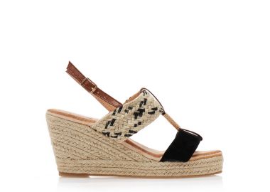 Εσπαντρίγιες πλατφόρμες μαύρες δερματίνη με κάμελ λουράκια και χρυσή αγκράφα ΜΑΥΡΟ - Tsoukalas - 