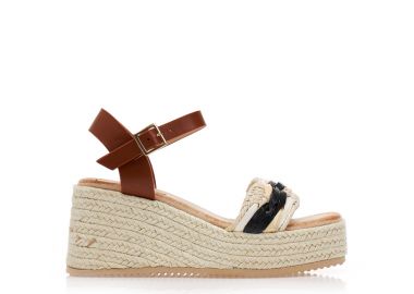 Εσπαντρίγιες πλατφόρμες μαύρες δερματίνη με κάμελ λουράκια και πλεκτό σχέδιο ΜΑΥΡΟ - Tsoukalas - 