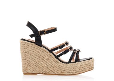 Εσπαντρίγιες πλατφόρμες μαύρες δερματίνη με πολλαπλά ρυθμιζόμενα λουράκια και στρας ΜΑΥΡΟ - Tsoukalas - 