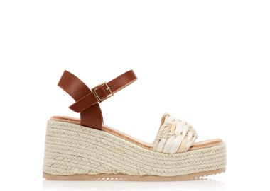 Εσπαντρίγιες πλατφόρμες μπεζ δερματίνη με κάμελ λουράκια και πλεκτό σχέδιο ΜΠΕΖ - Tsoukalas - 