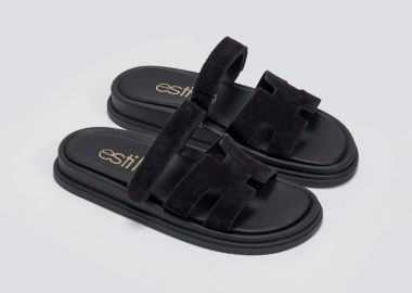 Estil Σουέντ σανδάλια με velcro - 1811NK (Καστόρι) - Μαύρο - Estil - 