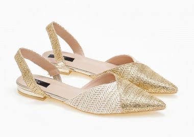 Φλατ εξώφτερνα μυτερά γοβάκια με ψάθα - Χρυσό - Issue - 