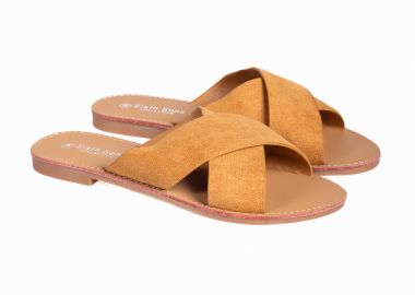 Flat σανδάλια χιαστί με suede υφή - Κάμελ - Issue - 