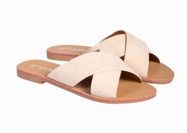 Flat σανδάλια χιαστί με suede υφή - Μπεζ - Issue - 