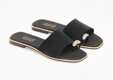 Φλατ σανδάλια ελληνικής κατασκευής με suede φάσα και δαχτυλίδι - Μαύρο - Issue - 
