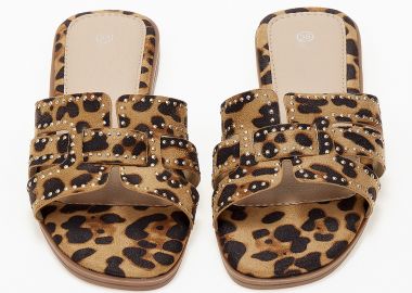 Φλάτ σανδάλια slides με suede υφή και τρουκς - Λεοπάρ - Issue - 