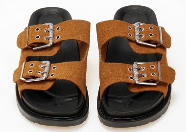 Flatform σανδάλια με ρυθμιζόμενα λουριά και suede υφή - Κάμελ - Issue - 