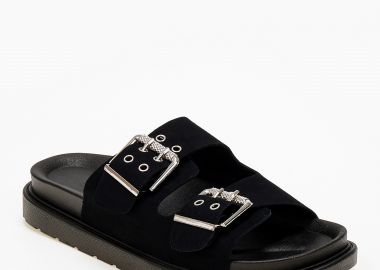 Flatform σανδάλια με ρυθμιζόμενα λουριά και suede υφή - Μαύρο - Issue - 