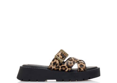 Flatforms animal print δερματίνη με χιαστί φάσα ΛΕΟΠΑΡ - Tsoukalas - 
