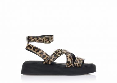 Flatforms animal print δερματίνη με χιαστί λουράκια ΛΕΟΠΑΡ - Tsoukalas - 