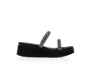 Flatforms χειροποίητα μαύρα δερματίνη με διπλή φάσα από στρας ΜΑΥΡΟ - Tsoukalas - 