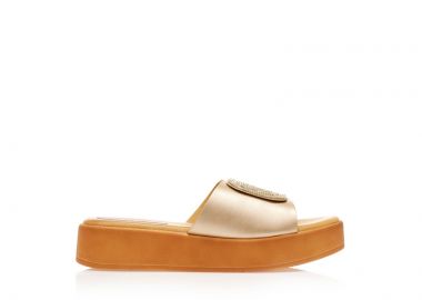 Flatforms χρυσά δερματίνη με αγκράφα από στρας ΧΡΥΣΟ - Tsoukalas - 