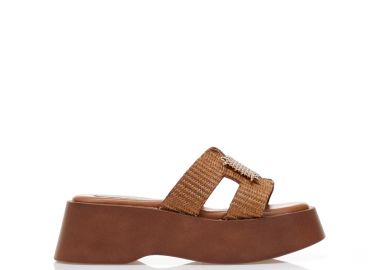 Flatforms κάμελ δερματίνη με ψάθινη φάσα και αγκράφα ΚΑΜΕΛ - Tsoukalas - 