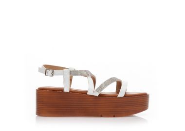 Flatforms λευκά δερματίνη με λουράκια από στρας ΛΕΥΚΟ - Tsoukalas - 