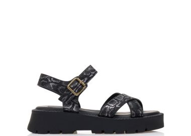 Flatforms μαύρα δερματίνη με ασημί σχέδιο και χιαστί φάσα ΦΙΔΙ - Tsoukalas - 