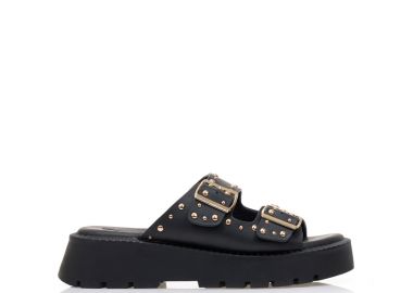 Flatforms μαύρα δερματίνη με χρυσά τρουκς ΜΑΥΡΟ - Tsoukalas - 