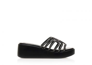 Flatforms μαύρα δερματίνη με ιδιαίτερη φάσα από στρας ΜΑΥΡΟ - Tsoukalas - 