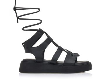 Flatforms μαύρα δερματίνη με ιδιαίτερο δέσιμο ΜΑΥΡΟ - Tsoukalas - 