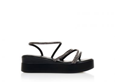 Flatforms μαύρα δερματίνη με πολλαπλά λουράκια από στρας ΜΑΥΡΟ - Tsoukalas - 