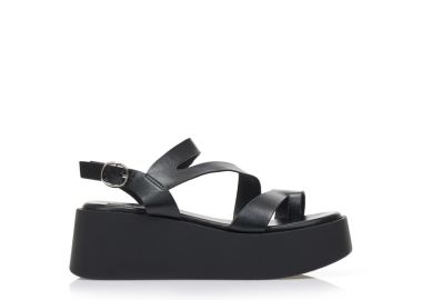 Flatforms μαύρα δερματίνη με πολλαπλά λουράκια και σχέδιο δαχτυλίδι ΜΑΥΡΟ - Tsoukalas - 