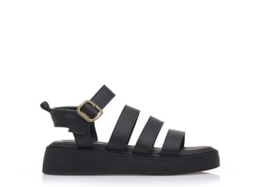 Flatforms μαύρα δερματίνη με πολλαπλά λουράκια ΜΑΥΡΟ - Tsoukalas - 