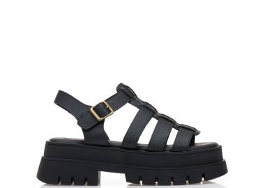 Flatforms μαύρα δερματίνη με πολλαπλά λουράκια ΜΑΥΡΟ - Tsoukalas - 