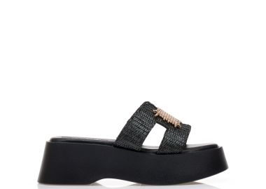 Flatforms μαύρα δερματίνη με ψάθινη φάσα και αγκράφα ΜΑΥΡΟ - Tsoukalas - 